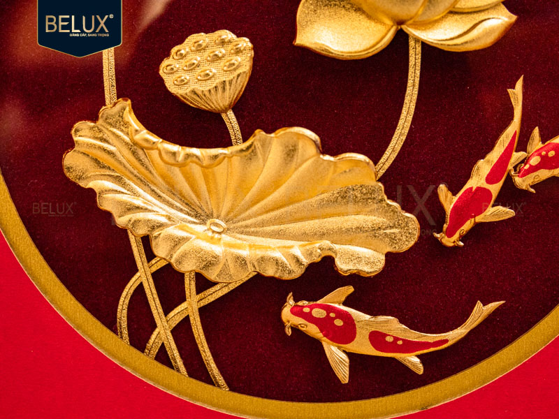 Tranh Cá Chép Hoa Sen Dát Vàng 24k 20x20cm